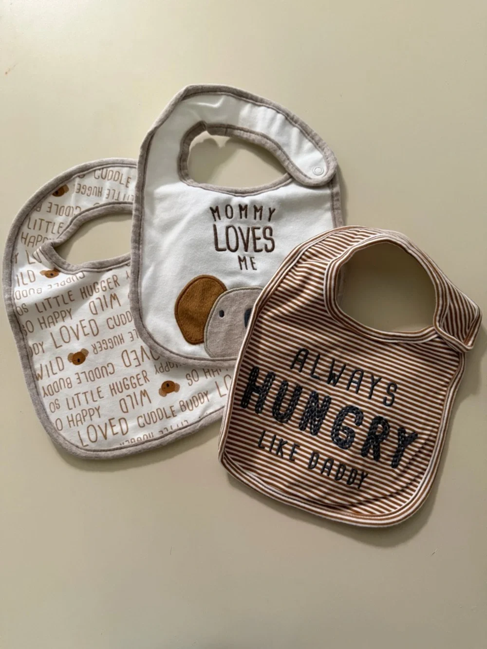 Neutral Brown & White Baby Bib Set - 'Mommy Loves Me' & 'Always Hungry like dad”